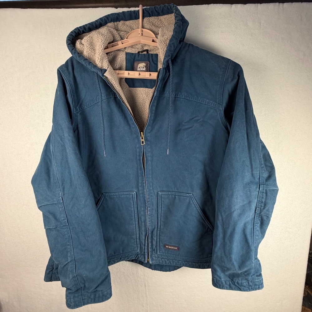 Berne Womens XL Blue Sherpa Lined Hooded Work Jacket Cotton Duck